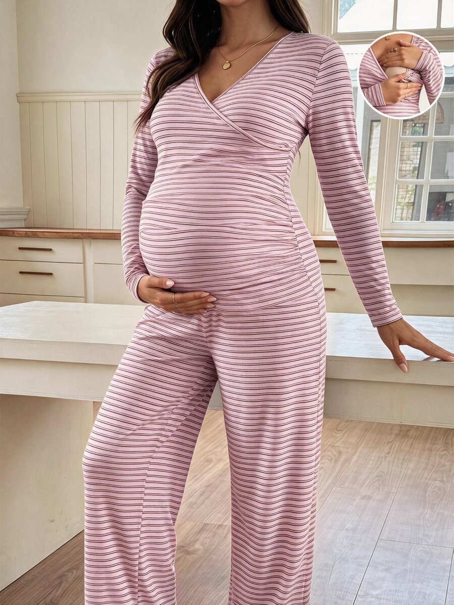 SHEIN 孕婦條紋哺乳長袖上衣與可調腰圍長褲休閒日常兩件套 秋季 - 粉色 - 查看 1