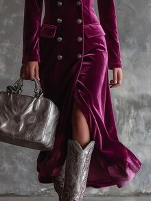 Balvessa Shawl Collar Double Breasted Placket Velvet Dress - Hot Pink - View 6