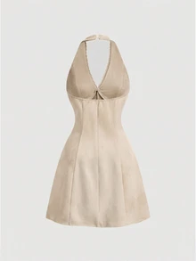 SHEIN MOD Women's Solid Color Contrast Lace Trim Halter Mini Dress - Apricot - View 2