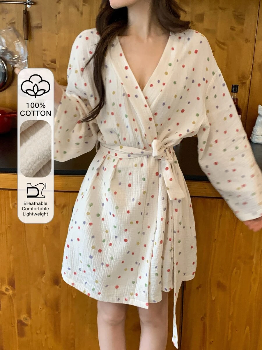 DAZY Women's Fashionable Versatile Polka Dot Contrast Color Robe For Home Wear - White - View 1