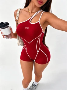 SHEIN Core Rhythm رومبير رياضي نسائي بكتف واحد مخطط بألوان متباينة - عنابي اللون - مشاهدة 4