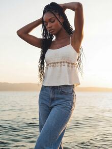 CAJUNI Spaghetti-Strap Top Featuring Special Shell-Style Fabric And Trim; Perfect For A Chic, Elegant, And Casual Summer Vacation Look. - Beige - View 6