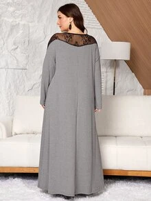 Lacomfia Women's Lace Plus Size Round Neck Long Sleeve Elegant Dress - Grey - View 2