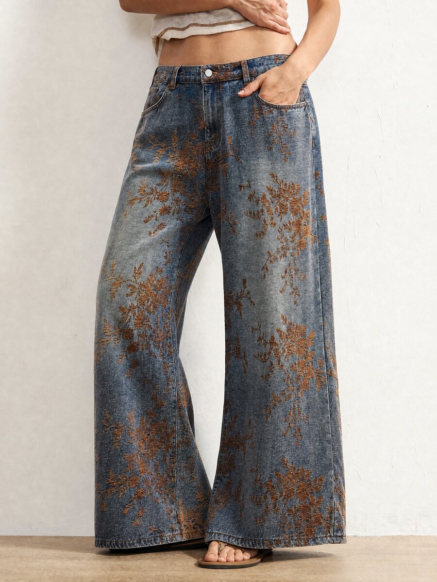 SHEIN MOD Women's Plus Size Floral Print Pocket Wide Leg Loose Fit Denim Jeans - Blue - View 1