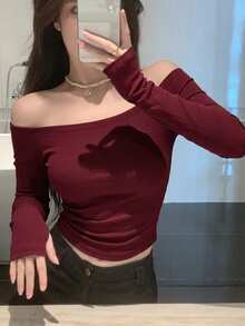 DAZY 女款方領修身性感風 T恤 - 酒紅色 - 查看 4