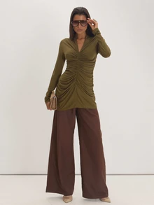 MUSEYN Atasan Lengan Panjang Jersey Khaki dengan Detail Kerut dan Detail Serbaguna untuk Sehari-hari di Musim Gugur - Dark Green - View 2