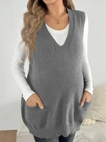 SHEIN سترة محبوكة بلون موحد للارتداء اليومي العادي للحوامل - رمادي - مشاهدة 3