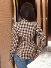 SHEIN Franclia بلوزة نسائية بلون سادة بأكمام طويلة بتصميم لف، قميص نسائي للربيع والخريف - بني - مشاهدة 2