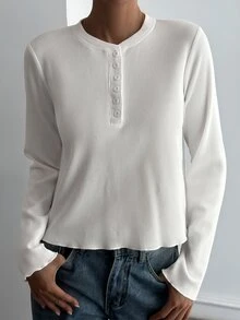 Dazy Tall 女款純色不對稱肩休閒日常長袖T恤 - 白色 - 查看 4