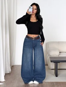Coolane 女款秋季抓絨內裡水藍色高腰寬腿牛仔褲，復古街頭風休閒保暖寬鬆長褲，日常穿搭 - 藍色 - 查看 7