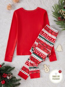Santa Claus Tween Girl Autumn/Winter Pajamas Fair Isle Knitted Stretchy Ribbed Snug Fit Top Pants Allover Print Striped Cartoon Christmas Reindeer - Red - View 2