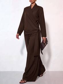 Zivah Solid Wrap Knot Side Blazer & Wide Leg Pants Suit Set - Brown - View 3