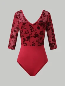 SHEIN Bộ đồ liền thân thể thao cho thiếu nữ, tay lỡ 3/4, lưới in hoa đỏ nhung - Màu Đỏ Sâu - Xem 6