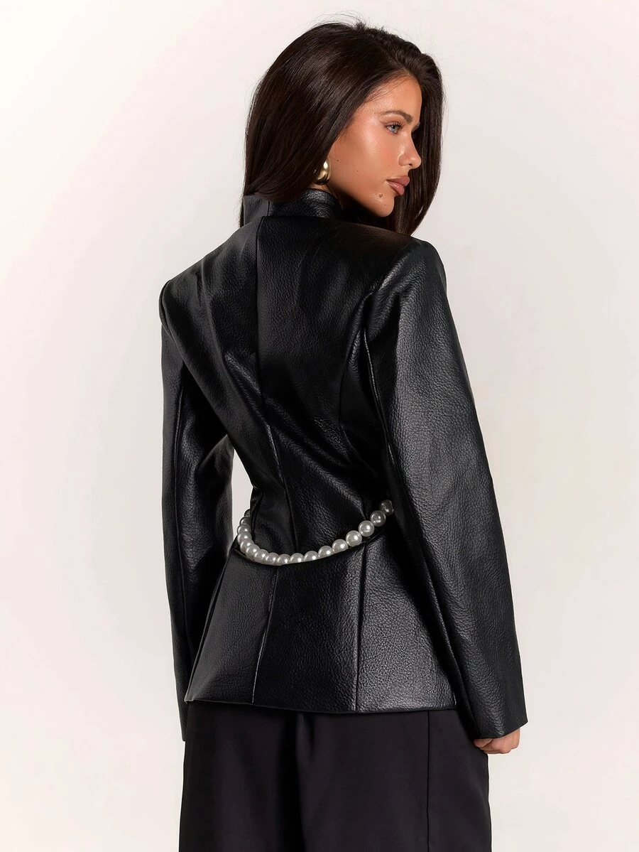 SHEIN BAE Women's Solid Color PU Leather Long Sleeve Fashion Blazer - Black - View 1