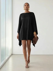 Zivah Women's Elegant Solid Color Asymmetrical Hem Vacation Dress - Black - View 13