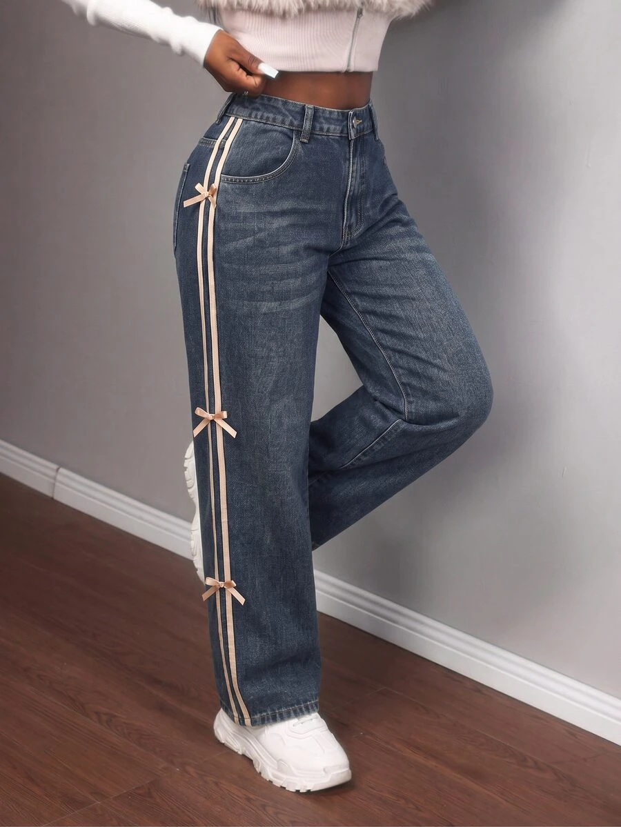 SHEIN MOD Plus Size Women's Bow Decor Pocket Button Casual Everyday Denim Jeans - Dark Wash - View 1