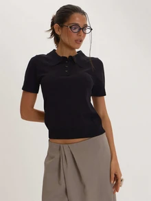 MUSEYN Black Knit Polo Top Versatile Everyday Basics Casual Fall - Black - View 1
