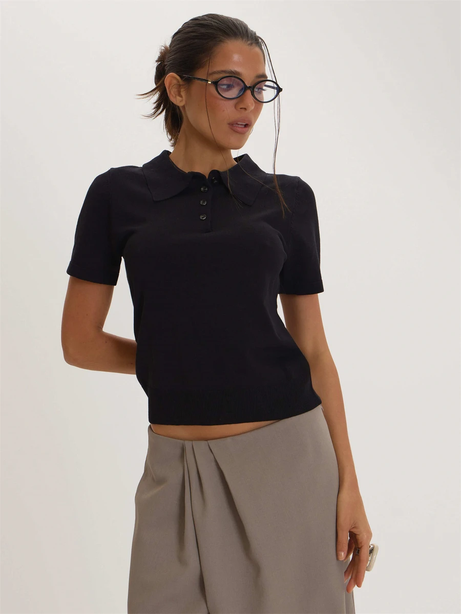 MUSEYN Black Knit Polo Top Versatile Everyday Basics Casual Fall - Black - View 1