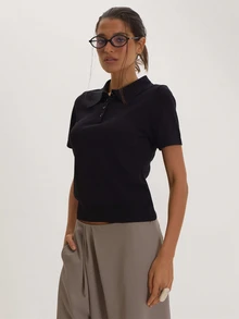 MUSEYN Black Knit Polo Top Versatile Everyday Basics Casual Fall - Black - View 3