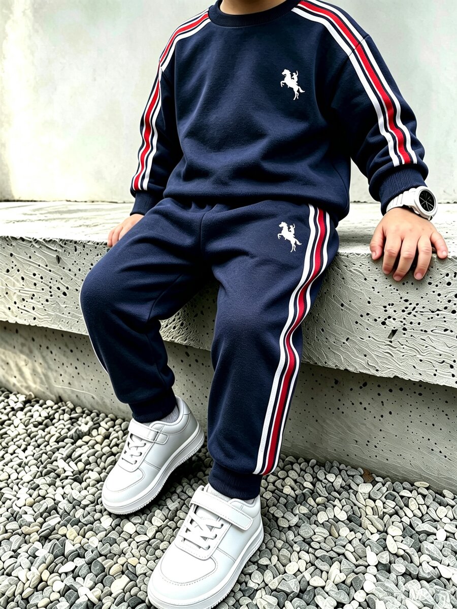 小男孩寬鬆運動休閒舒適長袖衛衣與長褲2件套,適合秋冬穿著 - 彩色 - 查看 1
