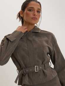 MUSEYN Jaket Abu-abu PU dengan Detail Tenun dan Sabuk Pengikat Pinggang, Serbaguna untuk Sehari-hari, Kasual, dan Musim Gugur. - Olive Green - View 5