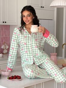 SweetSlumber Plaid Bow Bubble Puff Women's Pajama Set - Green - View 6