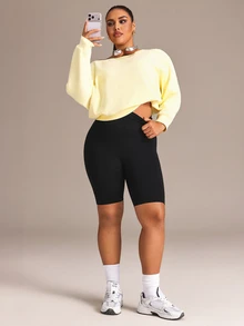 SHEIN Rhythm Era Women's Plus Size Solid Color High Waist Daily Fitness Sports Shorts - Black - View 1