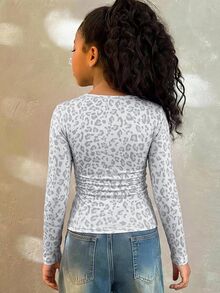 Kaos Lengan Panjang Musim Dingin untuk Anak Perempuan Tween, Pas Badan, Modis, dengan Lengan Raglan, Kerah U, Pinggang Berkerut, Bahan Elastis - Grey - View 2
