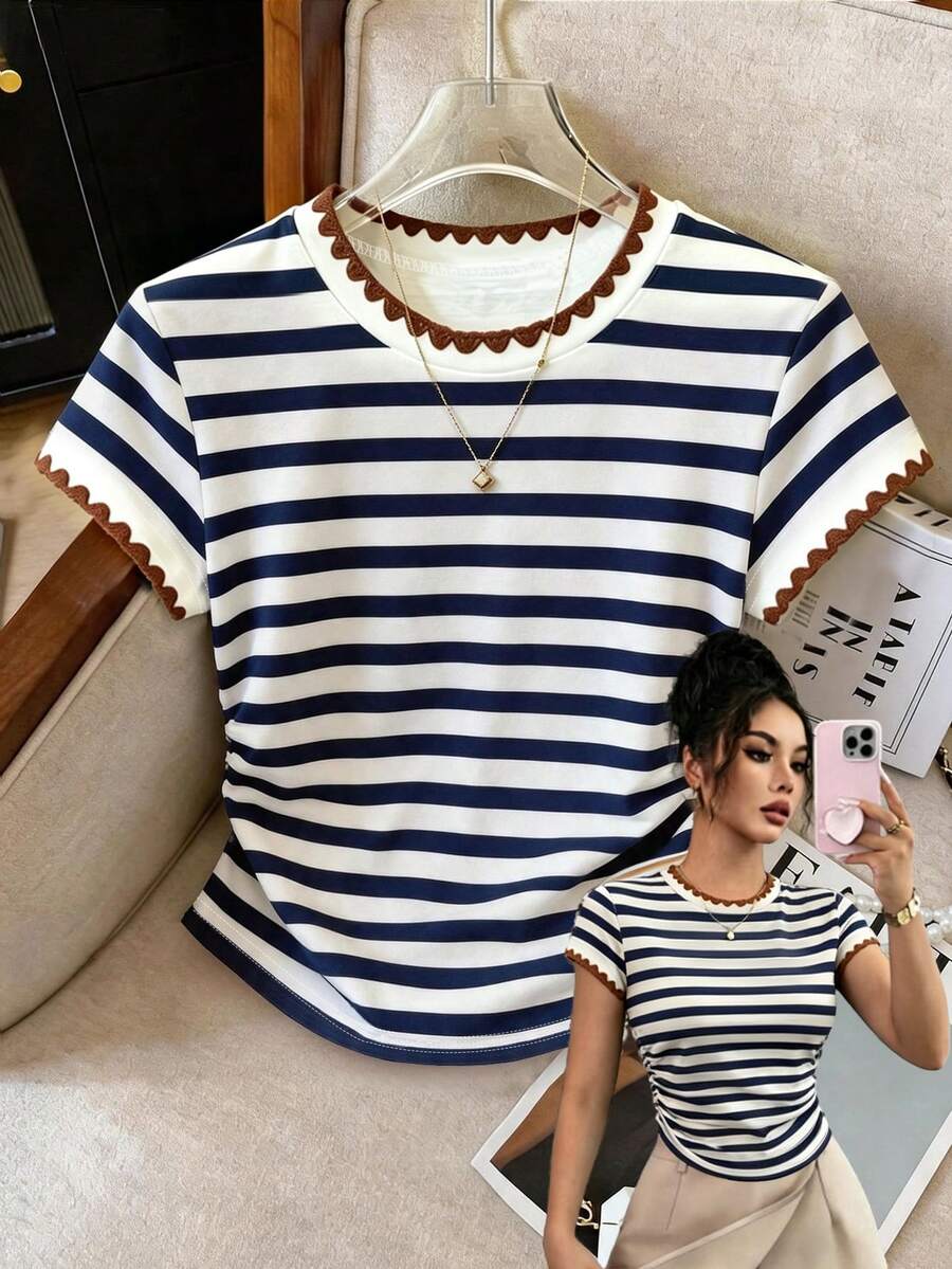 SHEIN Franclia 女款大尺碼外套上衣，夏季新款，休閒運動穿搭，時尚百搭，收腰修身，多色條紋，千鳥格工藝，女款收腰T恤 - 彩色 - 查看 1
