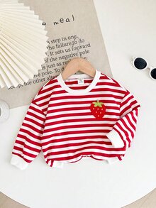 SHEIN 女嬰條紋草莓圖案休閒日常長袖運動衫 - 紅色 - 查看 4