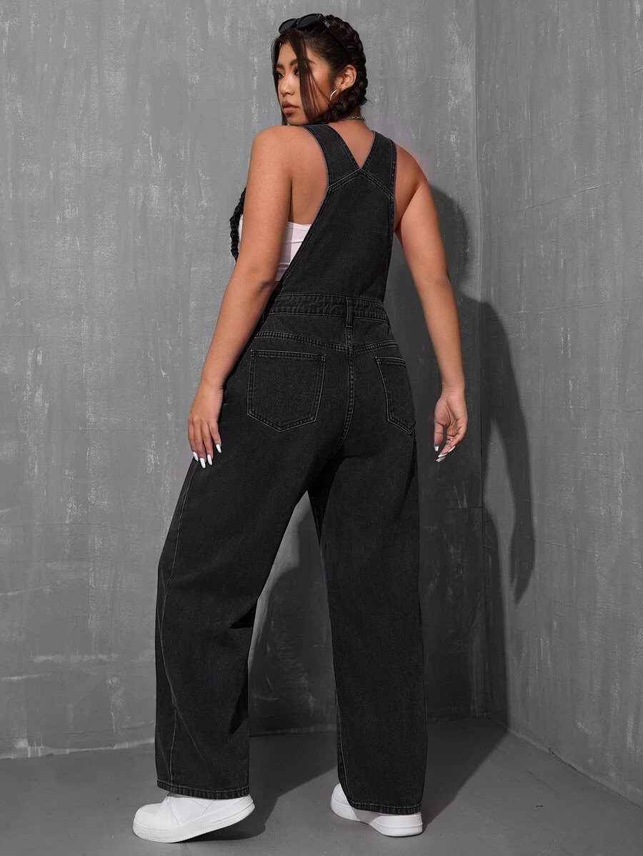 Selenza Plus Size Women's Wide Leg Loose Fit Denim Overalls With Pockets - Dark Grey - View 1