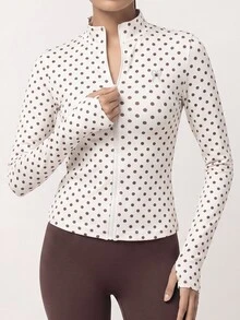 SHEIN BAE Women's Polka Dot Print Long Sleeve Zip-Up Fitted Sports Jacket - Butter Yellow - View 2
