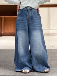 DAZY Tween Girl Wide Leg Loose Casual Denim Jeans With Pockets - Medium Wash - View 4