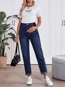 SHEIN 孕婦時尚百搭鈕扣口袋牛仔褲 女款西部牛仔風穿搭 - 藍色 - 查看 5