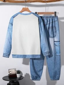 SHEIN 大童男孩數字字母丹寧效果印花插肩袖上衣與錐形長褲套裝 - 彩色 - 查看 4