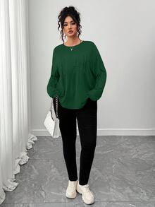 SHEIN LUNE CURVE 大尺碼休閒圓領長袖刺繡T恤 秋季 - 墨綠色 - 查看 4