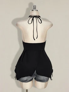SHEIN ICON Plus Size Y2K Eyelet Decor Halter Neck Black Knit Sexy Top - Black - View 2