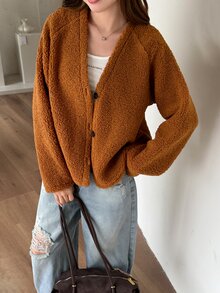 K-Vae 女款秋冬韓式復古棕色寬鬆百搭搖粒絨夾克外套 - 棕色 - 查看 5
