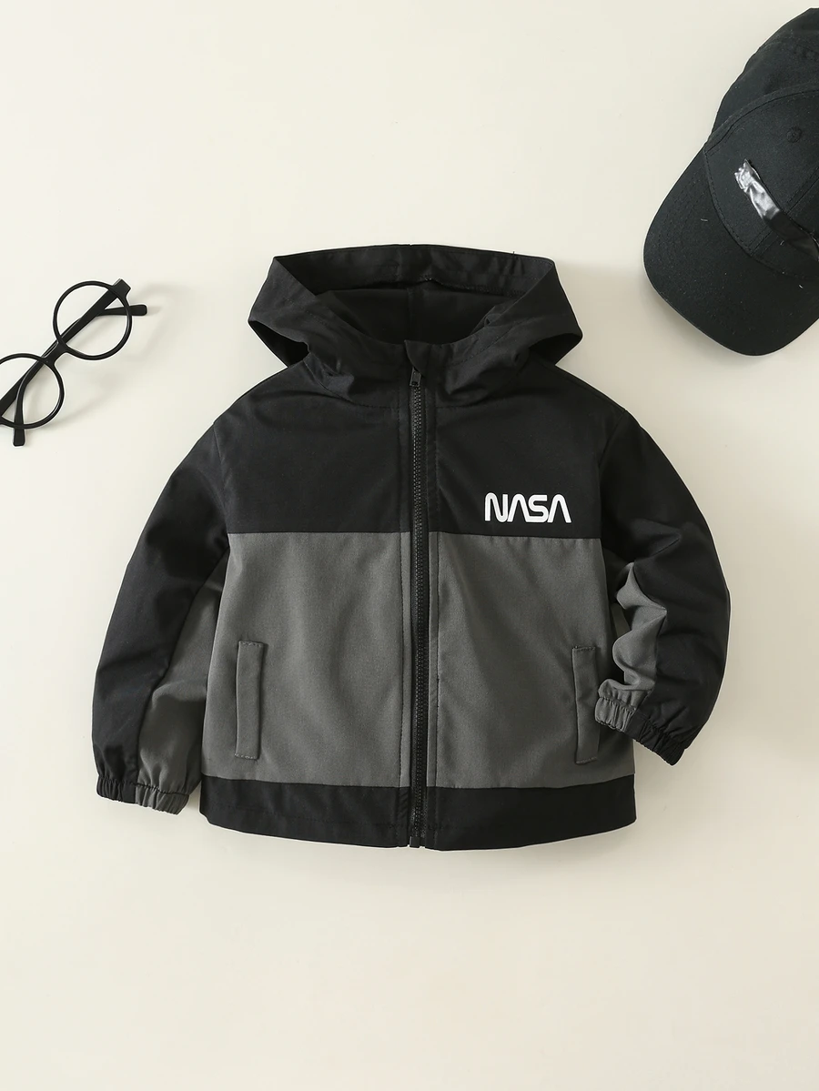 SHEIN Baby Boy Autumn/Winter Casual Fashion Colorblock Patchwork Hooded Jacket, Windbreaker, Sun Protection Coat - Black - View 1