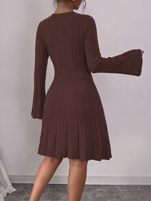 SHEIN Raffinéa Women's Minimalist Vintage Tie-Up Pleated Knit Dress - Coffee Brown - View 2