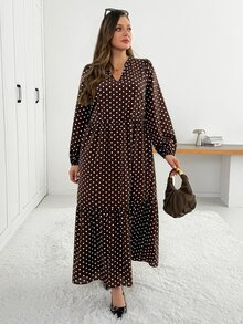 SHEIN Essnce 女款大尺碼棕色波點長袖洋裝，時尚休閒優雅，寬鬆舒適，秋冬穿搭，冬季洋裝 - 棕色 - 查看 1