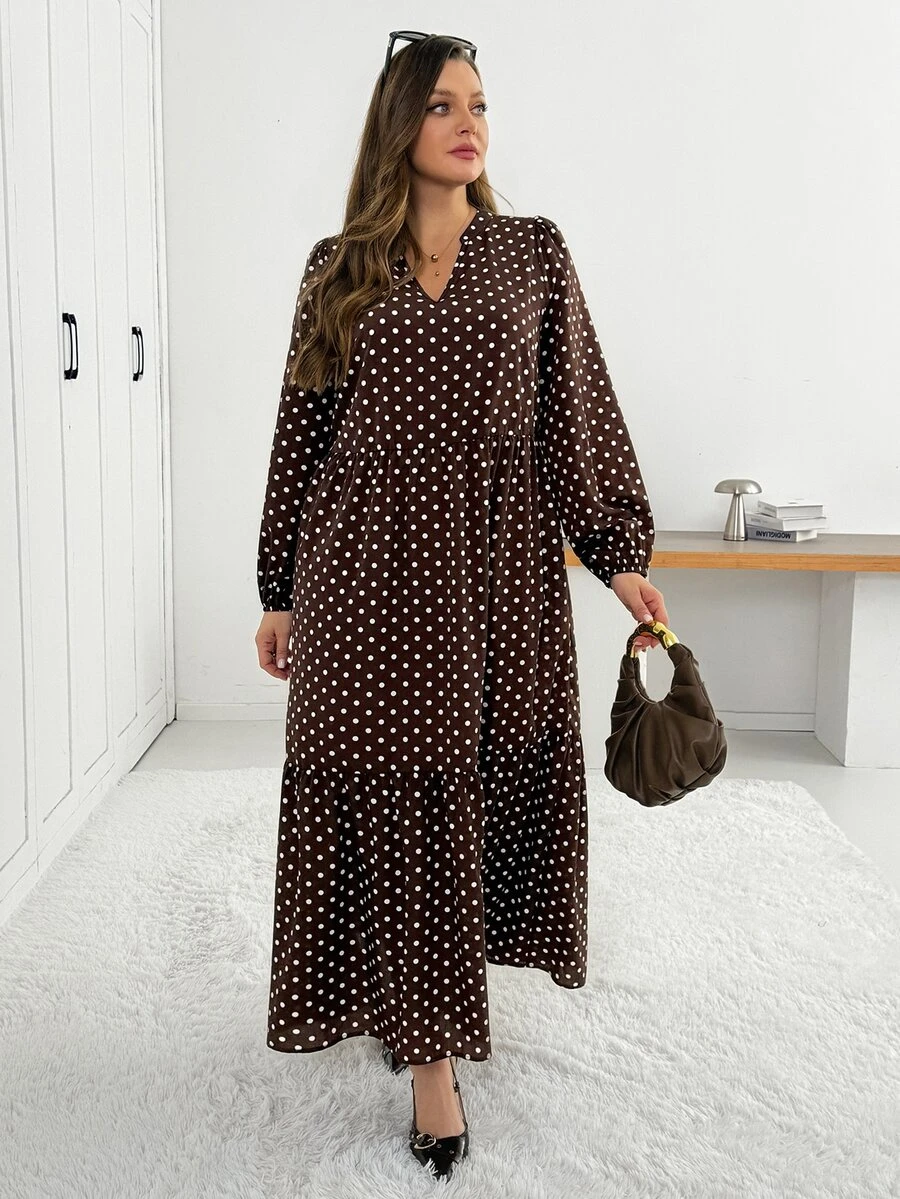 SHEIN Essnce 女款大尺碼棕色波點長袖洋裝,時尚休閒優雅,寬鬆舒適,秋冬穿搭,冬季洋裝 - 棕色 - 查看 1