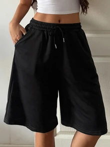 Dazy Tall Women's Elastic Waist Drawstring Loose Straight Leg Solid Black Casual Sports Shorts - Black - View 7