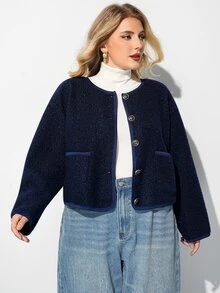 Maija Plus Size Women's Solid Color Casual Daily Wear Wool Blend Coat - Navy Blue - View 4