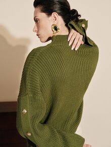 Arave Sweater Kasual Wanita Bahan Akrilik, Potongan Longgar, Lengan Samping, Desain Kancing - Hijau Tentara - View 8