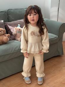 DAZY Infant Girl Round Neck Mesh Patchwork Casual Cartoon Print Sweatshirt Set - White - View 11