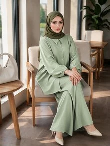 Auveirra Plus Size Women Solid Color Long Sleeve Top And Pants Casual Daily 2 Pieces Set - Green - View 6