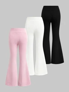 SHEIN Girlism 青少年女孩秋季新款 3件組多色針織純色休閒百搭打底褲 交叉腰喇叭褲 - 彩色 - 查看 2