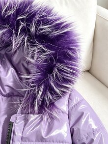 SHEIN 少女亮面人造毛飾邊連帽大衣，夢幻紫色亮眼上衣，2026秋冬時尚街頭廓形 - 紫色 - 查看 8