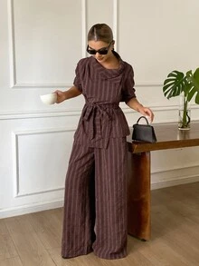Dazy Tall Women's Striped Tie Front Shirt & Long Pants Casual Two Pieces Set - Brown - View 7